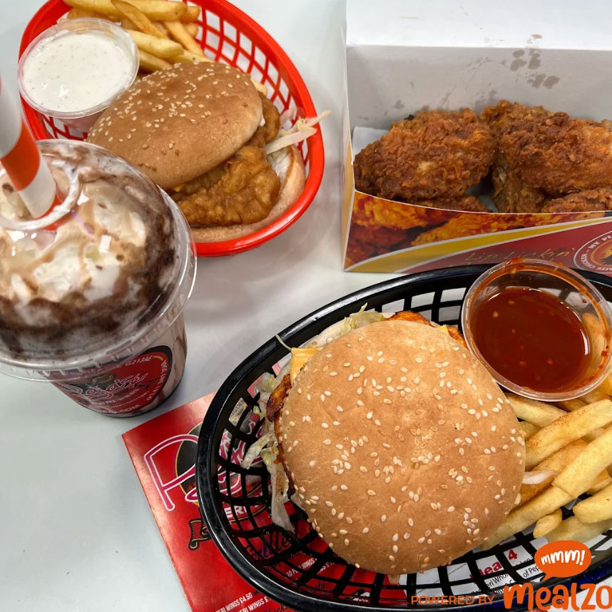Raja’s Peri Peri burgers, fries, fried chicken, and a milkshake in Glasgow.